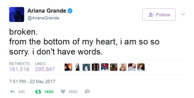 Mensaje de Ariana Grande en Twitter