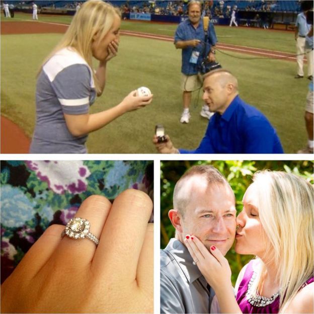 Cameron pede Melissa em casamento; no detalhe, o casal e o anel de noivado