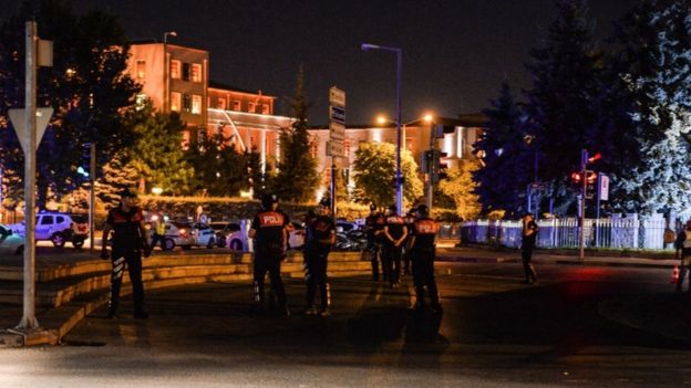 Police were standing guard outside the Turkish military HQ in Ankara