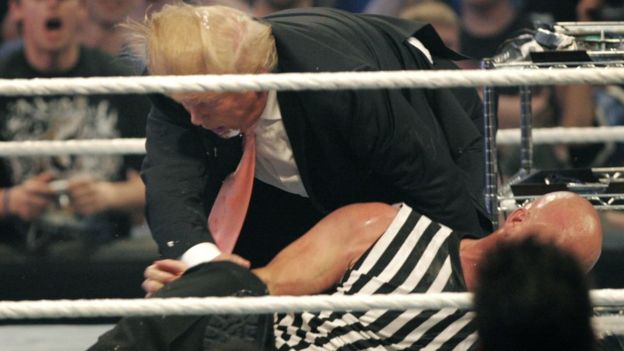 Donald Trump gets taken to the mat by Stone Cold Steve Austin after the the Battle of the Billionaires at the 2007 World Wrestling Entertainments Wrestlemania April 1, 2007 at Ford Field in Detroit, Michigan.