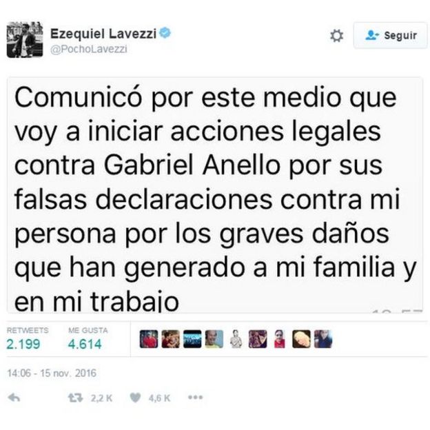 El anuncio de Lavezzi a través de Twitter de que iniciará acciones legales contra el periodista.