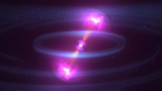 Ilustración de la fusión de dos estrellas de neutrones