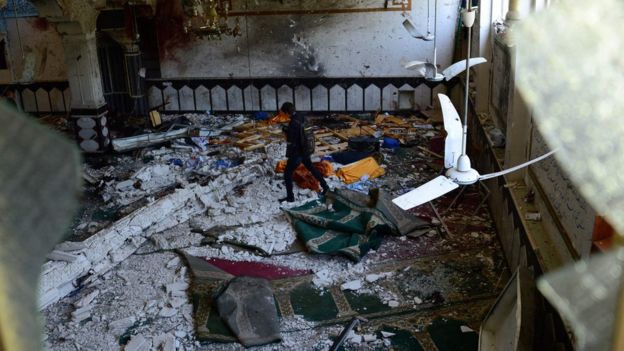 The mosque in the Afghan city of Herat after it was attacked by suicide bombers, 2 August 2017