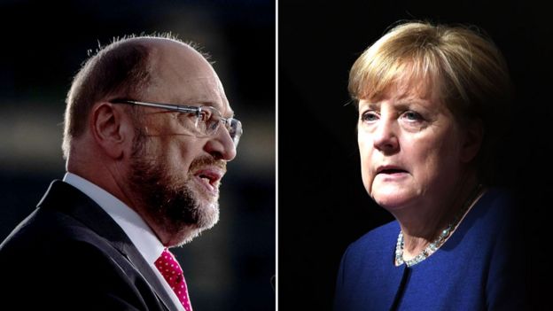 Martin Schulz, left, and Angela Merkel, right, both against a dark background