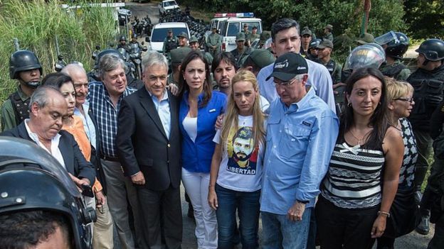 Lilian Tintori junto al expresidente colombiano Andrés Pastrana, Sebastián Piñera, expresidente chileno, María Corina Machado, líder de la oposición venezolana y el alcalde de Caracas, Antonio Ledezma en 2015, afuera de la prisión Ramo Verde, donde estaba López.