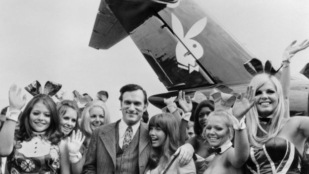 Hugh Hefner and Bunnies with the Big Bunny DC9