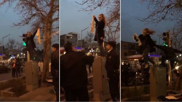روز پنج‌شنبه تصاویری از یک زن معترض به حجاب اجباری منتشر شد که روی جعبه فلزی کنار خیابان رفته بود و پلیس ابتدا از او خواست پایین بیاید و بعد او را با ضربه به پایین پرت کرد
