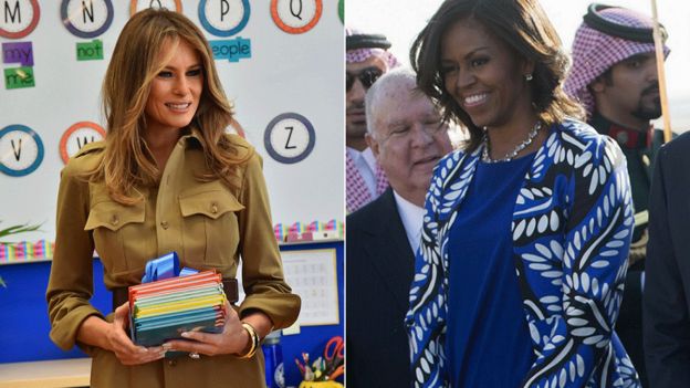 Melania Trump da (solda) Michelle Obama da Suudi Arabistan'a ziyaretlerinde uzun kollu kıyafetler giydi