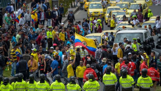 Taxi drivers demonstrate against the private hire company Uber in Bogota, on October 23, 2017