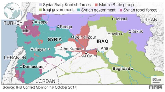 Map showing control of Iraq and Syria (16 October 2017)