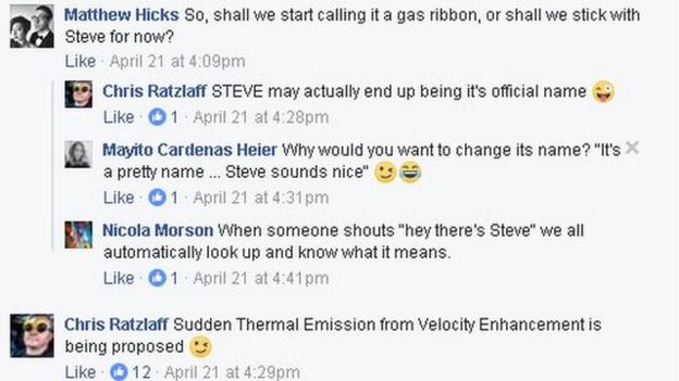 Işığın keşfedildiği Alberta Kuzey Işığı Avcıları adlı Facebook grubunda ışığın adının Steve konulması konusunda mutabık kalındı.
