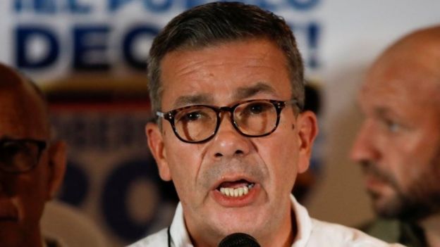 Gerardo Blyde, representative of the Venezuelan coalition of opposition parties (MUD), talks to the media during a news conference at their headquarters in Caracas, Venezuela October 15, 2017.