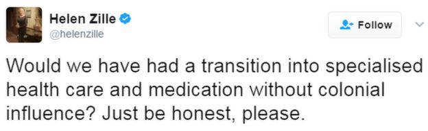 Tweet from Helen Zille reads: