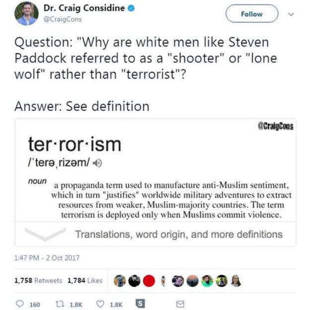 Question: Why are white men like Stephen Paddock referred to as a shooter or lone wolf rather then a terrorist