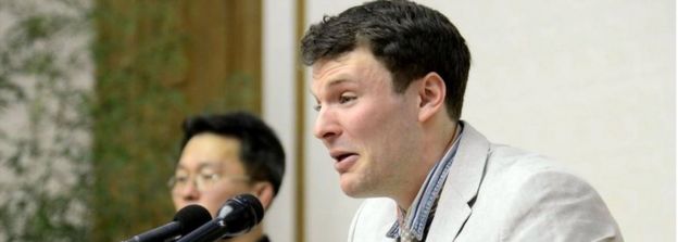 Picha ya February 29, 2016 Iliyochapishwa na Korean Central News Agency (KCNA) on March 1, 2016 inamuonyesha Otto Frederick Warmbier