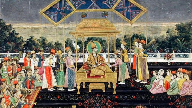 Nader Sah en el Trono del Pavo real, rodeado de sus séquitos, después de llevárselo de Delhi.