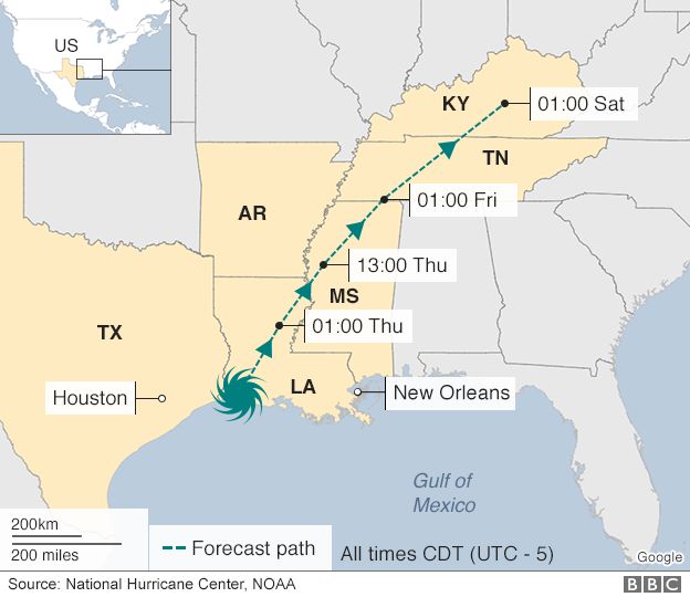 Map of storm Harvey's route on 30 August 2017
