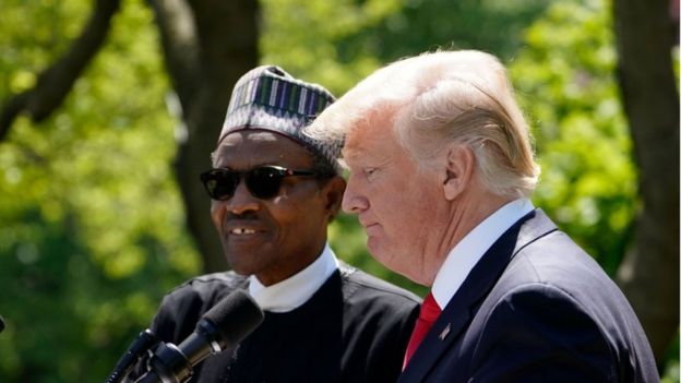 Nigeria's President Muhammadu Buhari (left) and US President Donald Trump in the Rose Garden of the White House