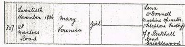Certificado de nacimiento de Anthea, donde dice que se llamaba Mary Veronica.