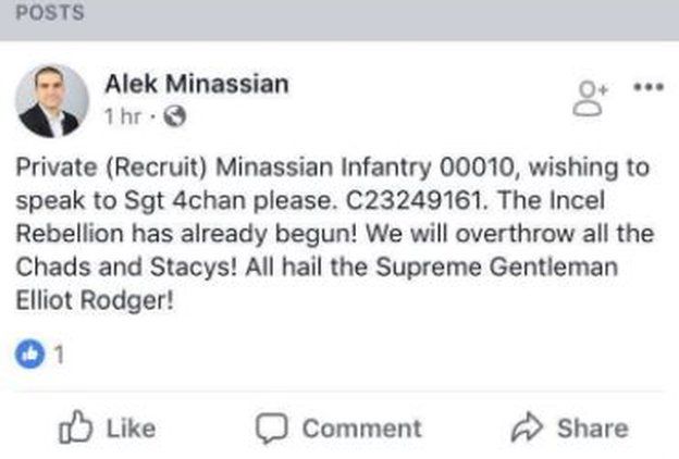 Alek Minassian's Facebook post calling for an 'incel rebellion'