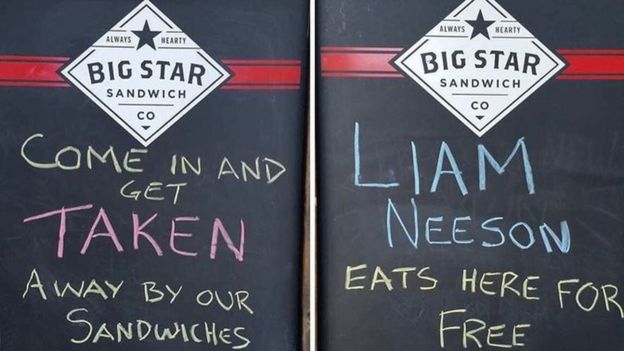 Liam Neeson sign put up by the Big Star Sandwich Company in Vancouver