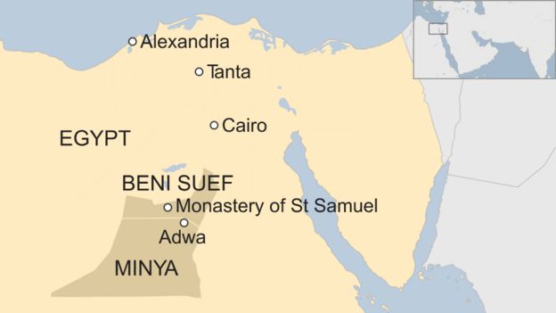 Map of Egypt showing location of Minya and Beni Suef provinces