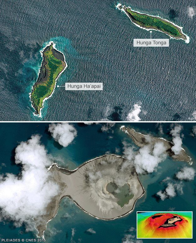 Sitio en el Pacífico donde emergió la nueva isla antes y después de la erupción. (Foto: Pleiades CNES)