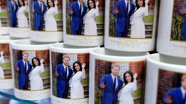 Mugs marking the wedding of Britain"s Prince Harry and his fiancee Meghan Markle are on display at a souvenir shop in London,