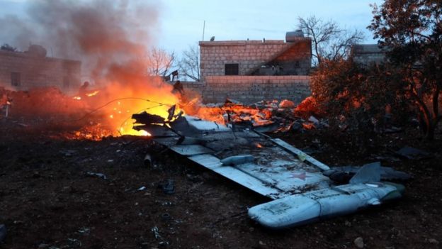 Images said to show the wreckage of the Sukhoi-25