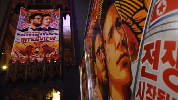 Movie posters for the premiere of the film 'The Interview' at The Theatre at Ace Hotel in Los Angeles, California on December 11, 2014. The film, starring US actors Seth Rogen and James Franco, is a comedy about a CIA plot to assassinate its leader Kim Jong-Un, played by Randall Park