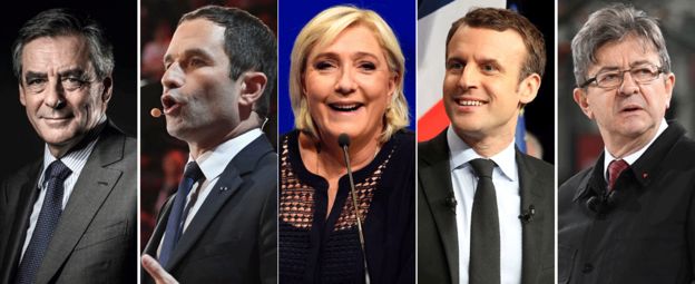 FromL to R: François Fillon, Benoît Hamon, Marine Le Pen, Emmanuel Macron and Jean-Luc Mélenchon