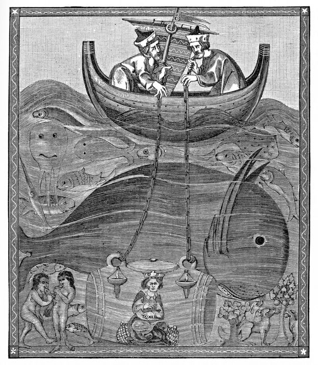 Grabado antiguo de Alejandro Magno en su barril de vidrio