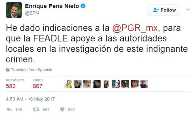 Tweet by Enrique Pena Nieto where he says: 
