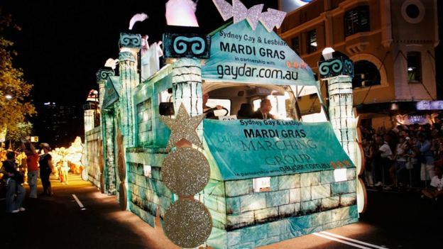 The Gaydar float makes its way along Oxford Street during the 2007 Sydney Gay and Lesbian Mardi Gras parade in Sydney, Australia