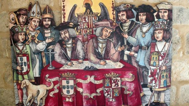 Un dibujo de la firma del tratado de Tordesillas