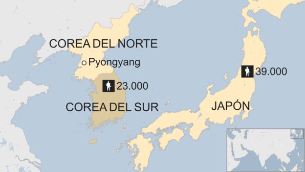 El mapa muestra que EE.UU. tiene 23.000 militares en Corea del Sur y 39.000 en Japón.