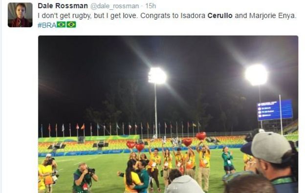 'Não entendo de rúgbi, mas entendo de amor. Parabéns a Isadora Cerullo e Marjorie Enya', diz este tuíte