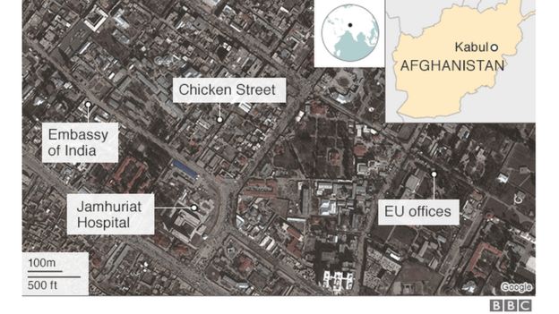 Map of Kabul showing area hit by ambulance bomb on 27 January 2018