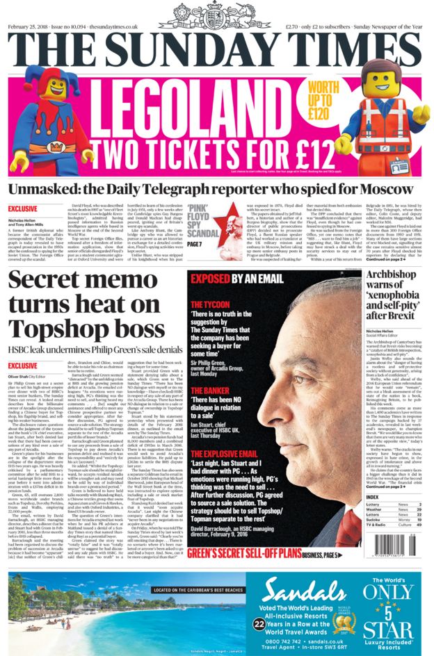 星期日泰晤士报首页25/02/2018