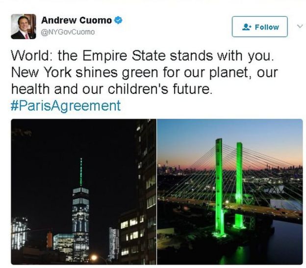 Tweet reads: World, the Empire State stands with you. New York shines green for our planet, our health and our children's future