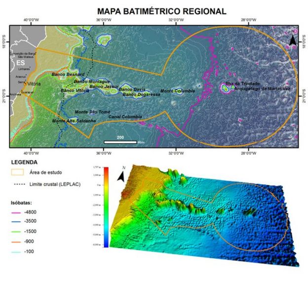 Mapa batimétrico da cadeia de montes submarinos entre Vitória e Trindade