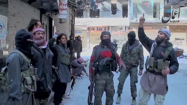 Video released by pro-Islamic State news agency purportedly showing militants in Yarmouk in April 2015