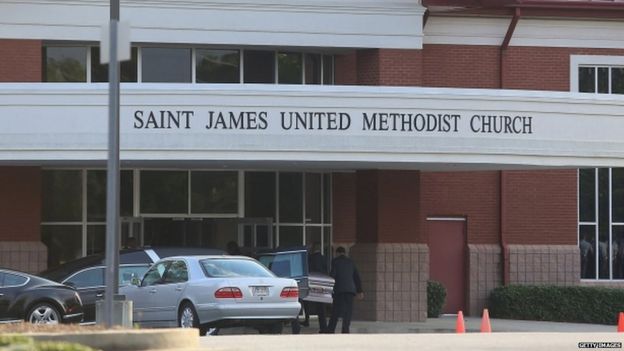 The casket of Bobbi Kristina Brown arrives at the St James United Methodist Church, 1 Aug