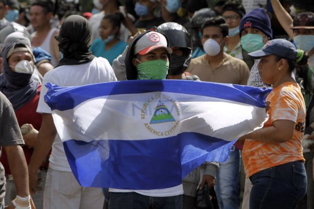 Estudiante con una máscara sosteniendo una bandera de Nicaragua.