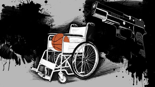 Ilustración de una silla ruedas con un balón de baloncesto