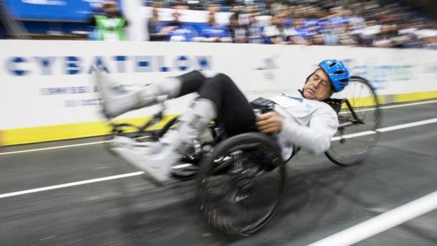 Michael McClellan competes at the functional electrical stimulation bike race