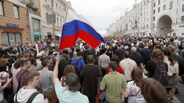 Participants of an unauthorised opposition rally gather in Tverskaya Street in central Moscow, Russia, 12 June 2017