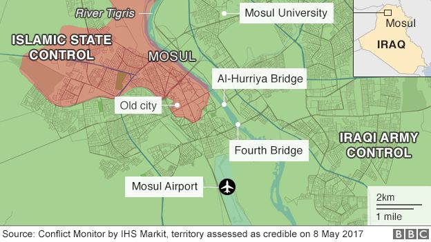 Map showing control of Mosul on 8 May 2017