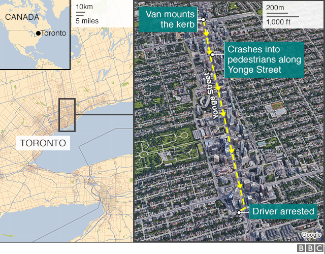 BBC map showing scene of Toronto van attack on 23 April 2018