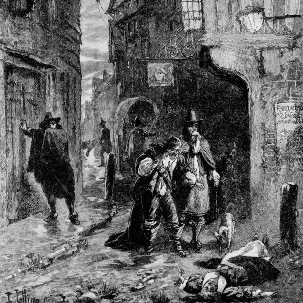 Two gentlemen come across the body of a young woman lying in the street during the Great Plague of London. Illustration by J Jellicoe and H Raillon